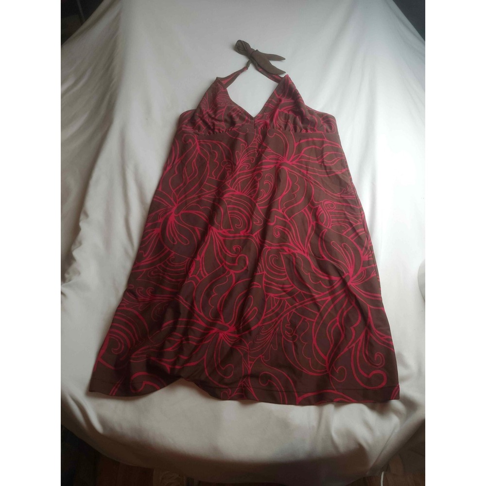 Athleta Brown Pink Floral Halter Swim Dress Cover Up Shelf Bra XL